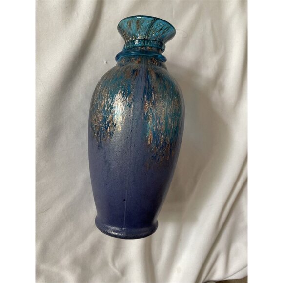 Handmade Blue & Gold Art Glass Vase With Textured Design - Decorative Accent Pie - Picture 9 of 14